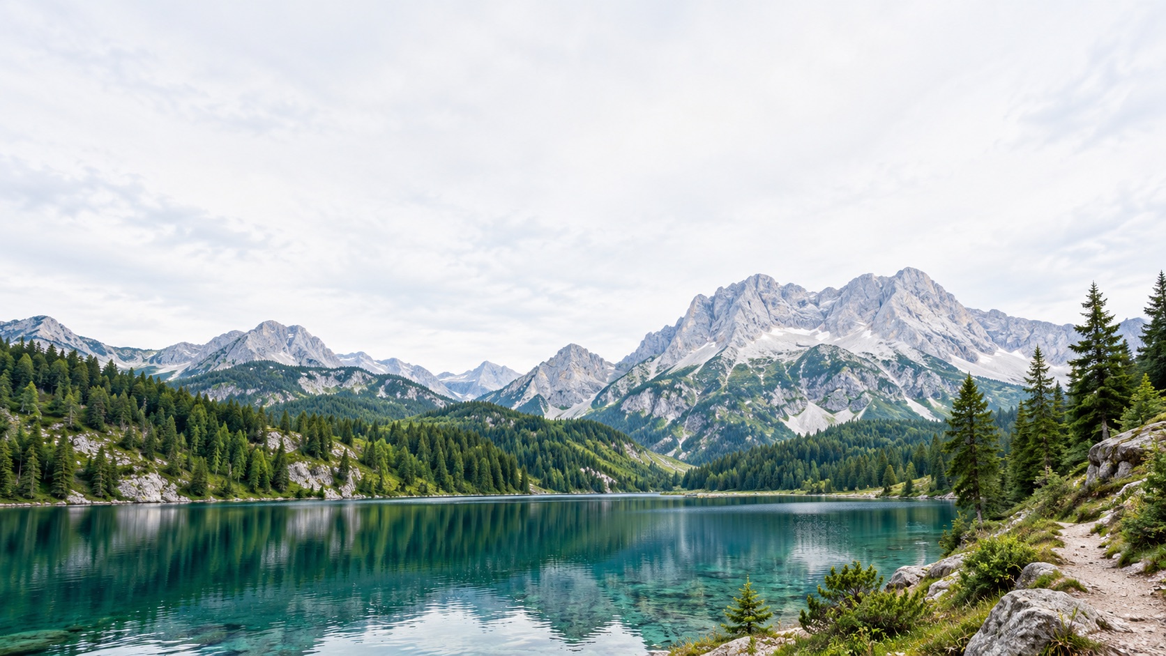 A mountain lake surrounded by pine forests, from the sample travel story